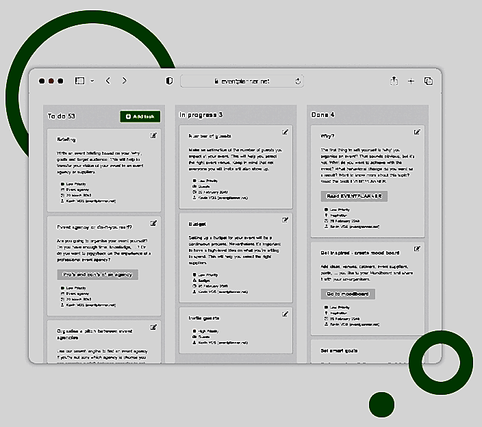 Interactive event checklist dashboard showing task management interface with role assignments and timeline view.