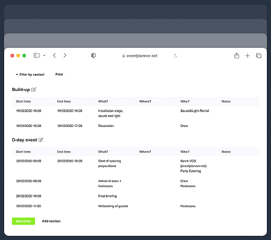 Screenshot of event management call sheet